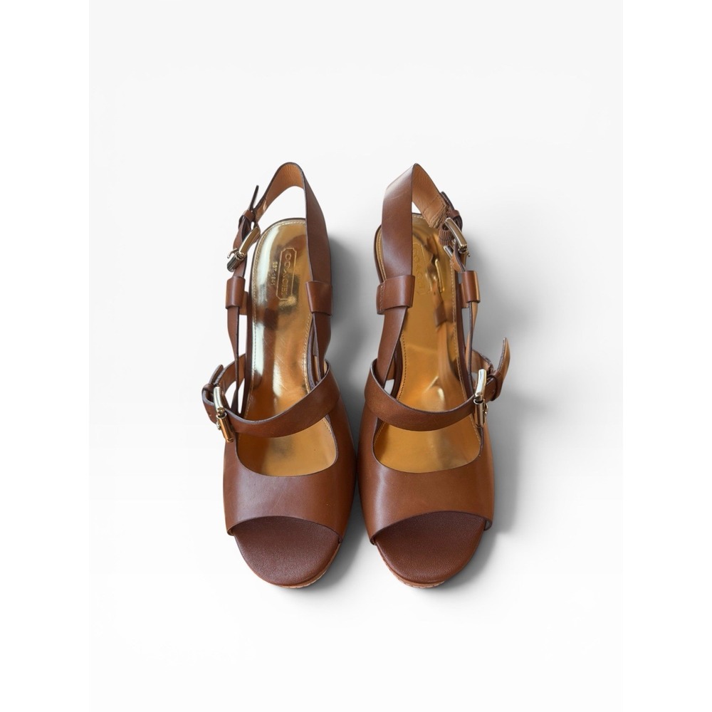 Coach Mary Jo Wedge Sandals 9.5B Brown Leather Platform Slingback Heels EEUC - Picture 4 of 16